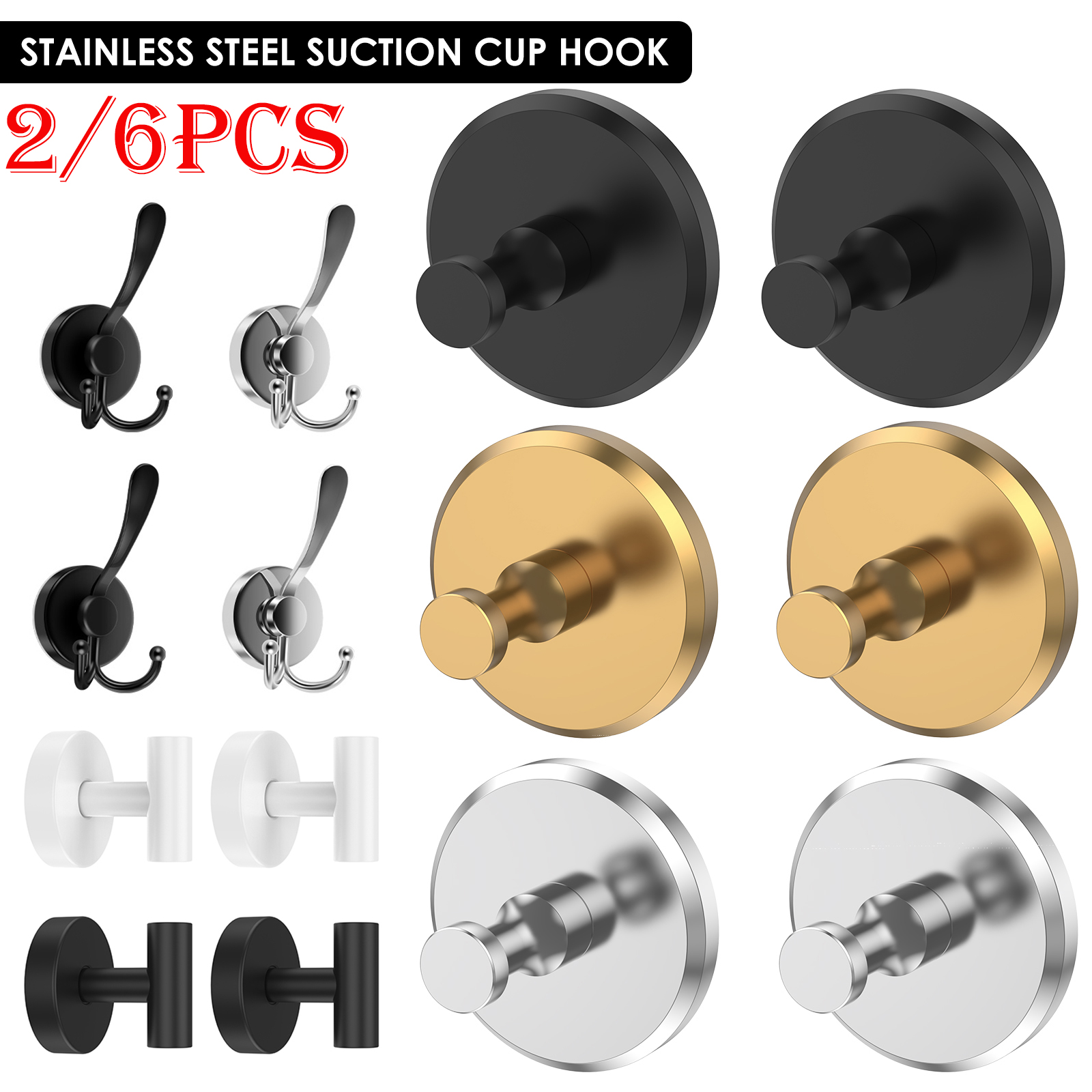 Towel Bar Stainless - 2/6Pcs Stainless Steel Suction Cup Hook