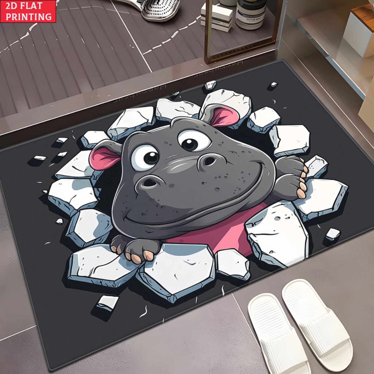 Home Bathroom Break - 3D Cartoon Hippo Door Mat, Breaking