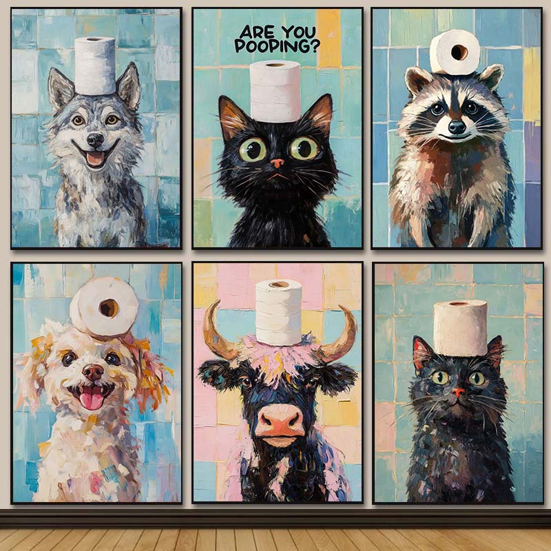 Cute Animal Oil Painting on Di - Home Bathroom Wallpaper บทวิจารณ์และราคา
