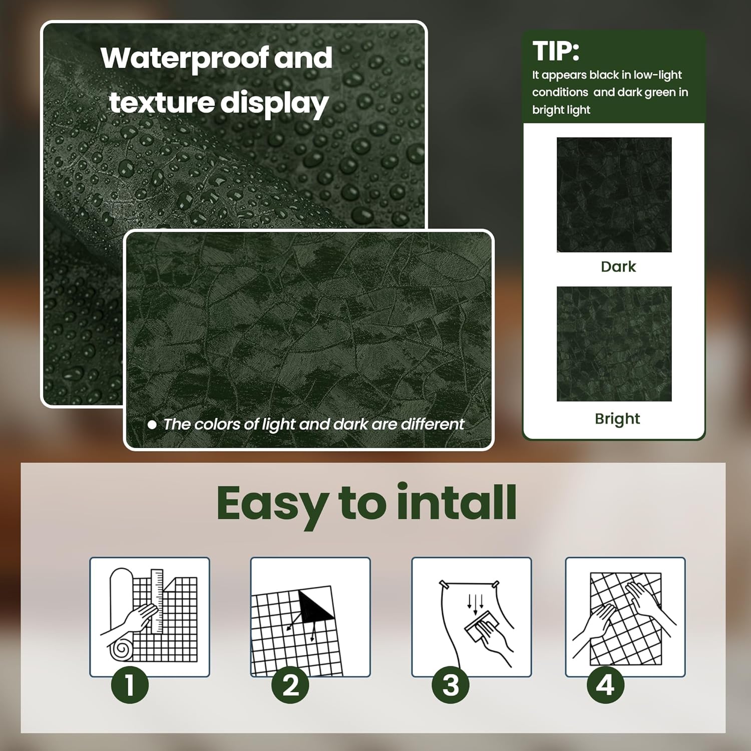 Dark Green Peel and Stick Wall - Home Bathroom Wallpaper บทวิจารณ์และราคา